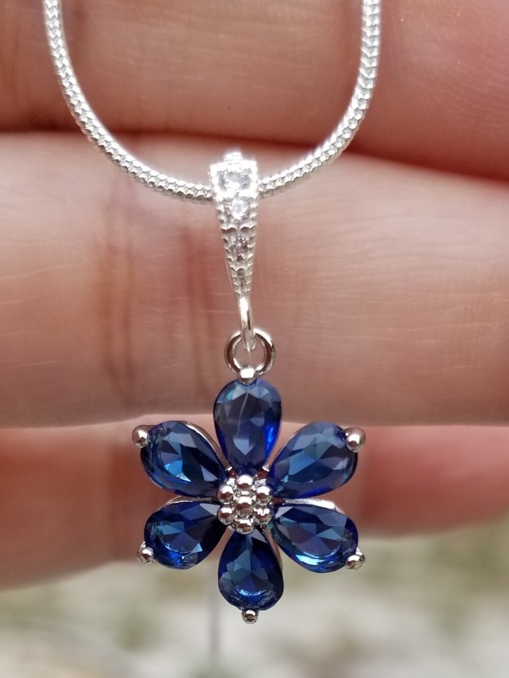 Sterling Silver Sapphire Flower Pendant Necklace, Sapphire Jewelry